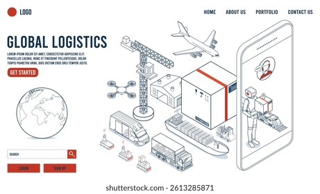 Global logistics Landing page with Warehouse Technology, Autonomous robot, Transportation operation service, Export, Import, Cargo, Air, Road, Maritime. Vector illustration eps10