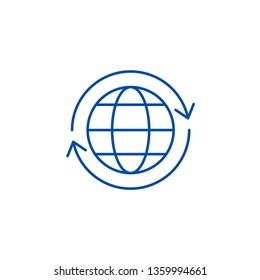 Concepto de icono de línea logística global. Símbolo global logístico plano vector, signo, ilustración de esquema.