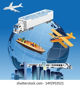 Global logistics network.  3d isometric vector illustration Plane, truck, train, ship logistic  rail transportation . Delivery service around the world globe.