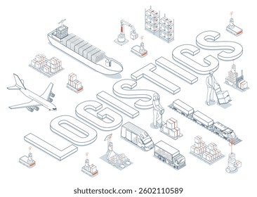 Global logistics network. 3D isometric scenes showing export-import operations via air, road, rail, and cargo services.