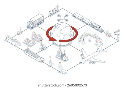Global logistics network. 3D isometric scenes showing export-import operations via air, road, rail, and cargo services.