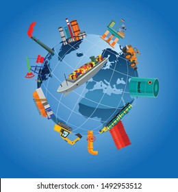 Global logistics network.  3d vector illustration Plane, truck, train, ship logistic  rail transportation . Concept Delivery service around the world globe.