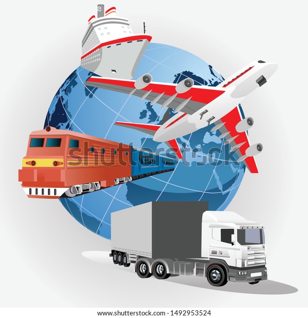 Global logistics network.  3d\
vector illustration Plane, truck, train, ship logistic  rail\
transportation . Concept Delivery service around the world\
globe.