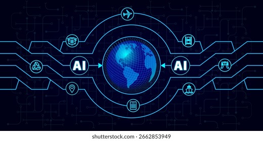 Globales Logistiknetz und KI in blau. Globale Logistikpartnerschaft zuordnen.  Globus mit Logistiksymbolen im Neonstil. Konzept der künstlichen Intelligenz.  EPS10.