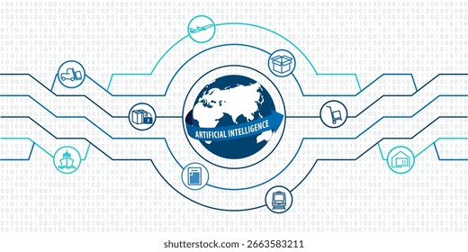 Red logística global e IA sobre fondo digital. Mapear la conexión de la asociación logística global.  Globo con iconos de logística. Concepto de inteligencia artificial.  EPS10.