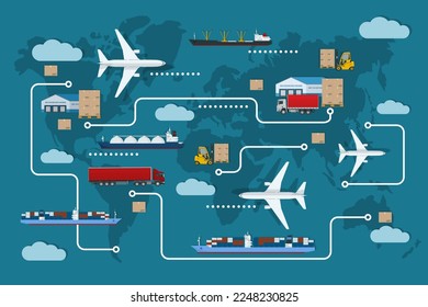 Globales Logistiknetz. Luftfracht, Eisenbahnverkehr, Seeschifffahrt, Lager, Containerschiff, City Skyline auf der Weltkarte.