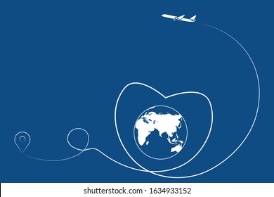 Global logistics network. Airplane route in heart shape. Romantic travel concept. Blue background with start point,  globe, heart, airplane and  line trace. Vector illustration EPS10.