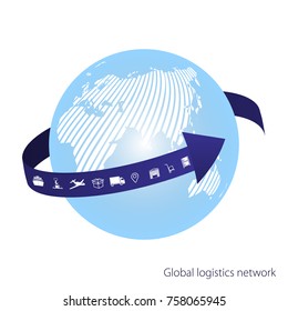 Global logistics network.  The blue arrow goes around the globe. Whte similar world map.  Set icons transport and logistics. Flat design. Vector illustration EPS10.