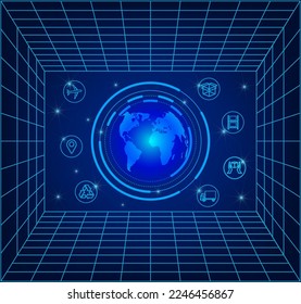 Global logistics network in blue. Map global logistics partnership connection.  Globe  with logistics icons in neon style. Perspective grid.  EPS10.