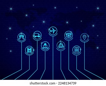 Red logística global en azul. Mapa de la conexión global de la alianza logística.  Globe con íconos logísticos al estilo neón. Cuadrícula de perspectiva.  EPS10.