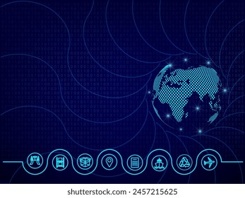 Global logistics network in blue. Map global logistics partnership connection.  Globe with logistics icons in neon style and text space.  Binary code background. EPS10.