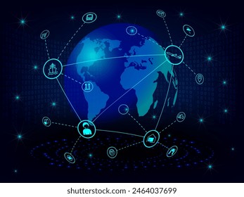 Global logistics network in blue. Map global logistics partnership connection.  Globe  with logistics icons in neon style with glowing blue pedestal.  EPS10.