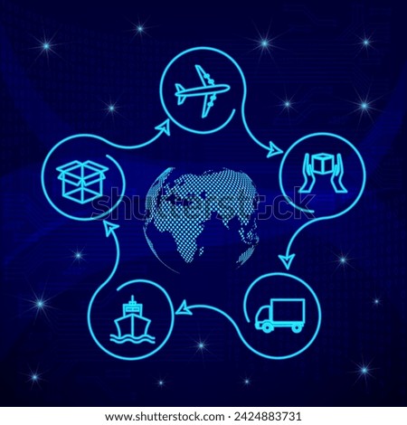 Global logistics network in blue. Map global logistics partnership connection.  Globe  with logistics icons in neon style. Binary code background.  Global logistics concept for your design. EPS10.