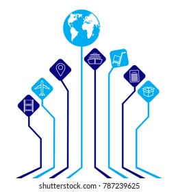 Global logistics network concept. Abstract  logistics background - connected leaves integrated flat icons. Growth tree idea with global logistics network concepts. Flat design. Vector.