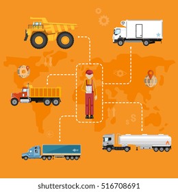 Global logistics network concept. Air cargo trucking, rail transportation, maritime shipping vector illustration. Worldwide delivery business banner. Vehicles designed to carry large numbers cargo