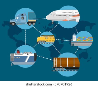 Global logistics network concept. Air cargo trucking, rail transportation, maritime shipping vector illustration. Worldwide delivery business banner. Vehicles designed to carry large numbers cargo