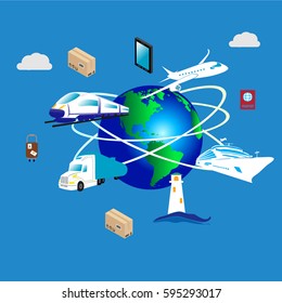 Global logistics network Concept of air cargo trucking rail transportation maritime shipping customs clearance Documentary support and international trade consulting for clients  Vector  illustration
