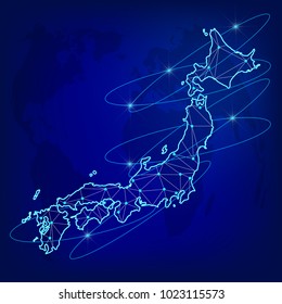 Global logistics network concept. Communications network map of the Japan on the world background. Map of Japan with nodes in polygonal style. Vector illustration EPS10.