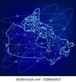 Global logistics network concept. Communications network map of the Canada on the world background. Map of Canada with nodes in polygonal style. Vector illustration EPS10. 