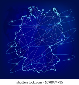 Global logistics network concept. Communications network map of the Germany on the world background.  Map Germany with nodes in polygonal style. Vector illustration EPS10.
