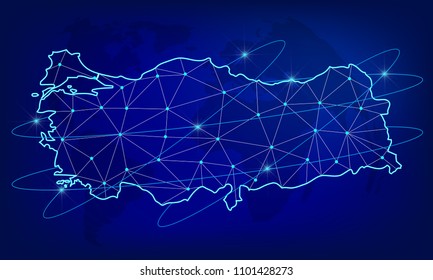 Global logistics network concept. Communications network map of the Turkey on the world background.  Map Turkey with nodes in polygonal style. Vector illustration EPS10.