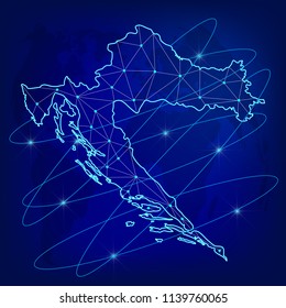 Global logistics network concept. Communications network map of the Croatia on the world background. Map of Croatia with nodes in polygonal style. Vector illustration EPS10.