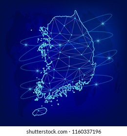 Global logistics network concept. Communications network map of the South Korea on the world background. Map of  South Korea with nodes in polygonal style. Vector illustration EPS10. 