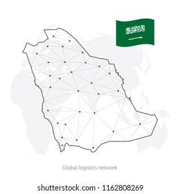 Concepto de red logística global. La red de comunicaciones mapea el Reino de Arabia Saudita sobre los antecedentes del mundo. Mapa de Arabia Saudita con nodos en estilo polígonal y bandera. Imagen del vector EPS10. 