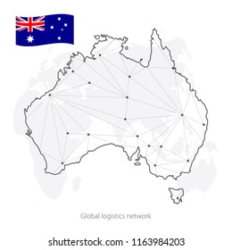 Global logistics network concept. Communications network map Australia on the world background. Map of Australia with nodes in polygonal style and flag. Vector illustration EPS10. 