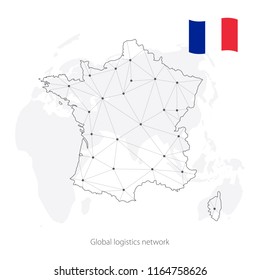 Global logistics network concept. Communications network map France on the world background. Map of France with nodes in polygonal style and flag. Vector illustration EPS10. 