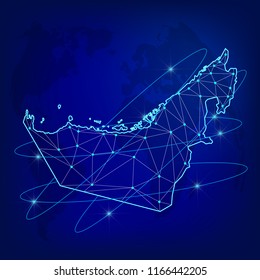 Global logistics network concept. Communications network map of the United Arab Emirates on the world background. Map of  United Arab Emirates  with nodes in polygonal style. Vector illustration 