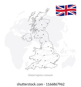 Global logistics network concept. Communications network map United Kingdom of Great Britain and Ireland on the world background. Map of Great Britain with nodes in polygonal style and flag. Vector.