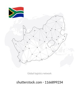 Global logistics network concept. Communications network map South Africa and Ireland on the world background. Map of South Africa with nodes in polygonal style and flag. Vector illustration EPS10. 