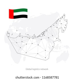 Global logistics network concept. Communications network map United Arab Emirates on the world background. Map of United Arab Emirates with nodes in polygonal style and flag. Vector illustration  