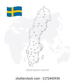 Global logistics network concept. Communications network map Sweden on the world background. Map Kingdom of Sweden with nodes in polygonal style and flag. Vector illustration EPS10. 