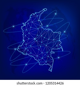Global logistics network concept. Communications network map Colombia on the world background. Map of  Colombia with nodes in polygonal style. Vector illustration EPS10. 