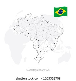 Global logistics network concept. Communications network map Brazil on the world background. Map of Brazil with nodes in polygonal style and flag. Vector illustration EPS10. 