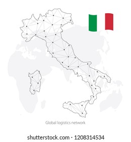 Global logistics network concept. Communications network map Italy on the world background. Map of Italy with nodes in polygonal style and flag. Vector illustration EPS10. 