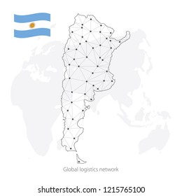 Global logistics network concept. Communications network map Argentina on the world background. Map of Argentina with nodes in polygonal style and flag. Vector illustration EPS10. 