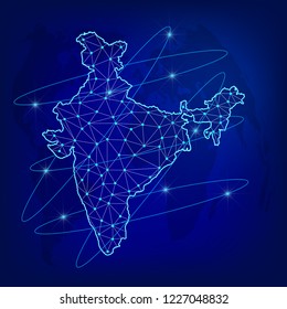 Concepto de red logística global. La red de comunicaciones mapea a India sobre los antecedentes del mundo. Mapa de India con nodos de estilo poligonal. Imagen del vector EPS10. 