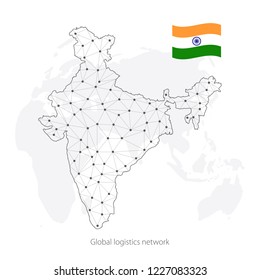 Global logistics network concept. Communications network map India on the world background. Map of India with nodes in polygonal style and flag. Vector illustration EPS10. 