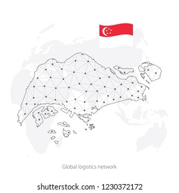 Global logistics network concept. Communications network map Singapore on the world background. Map of Singapore with nodes in polygonal style and flag. Vector illustration EPS10. 