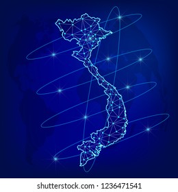 Global logistics network concept. Communications network map Vietnam on the world background. Map of Vietnam with nodes in polygonal style. Vector illustration EPS10. 