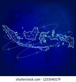 Global logistics network concept. Communications network map Indonesia on the world background. Map of Indonesia with nodes in polygonal style. Vector illustration EPS10. 