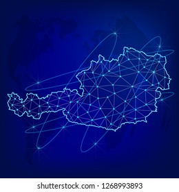 Global logistics network concept. Communications network map Austria on the world background. Map of Austria with nodes in polygonal style. Vector illustration EPS10. 