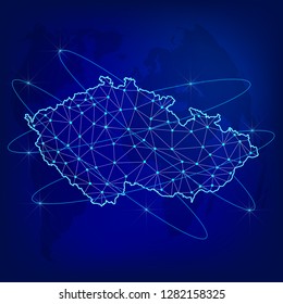 Global logistics network concept. Communications network map  Czech on the world background. Map of  Czech with nodes in polygonal style. Vector illustration EPS10. 