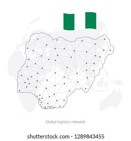 Global logistics network concept. Communications network map Nigeria on the world background. Map of Nigeria with nodes in polygonal style and flag. Vector illustration EPS10. 