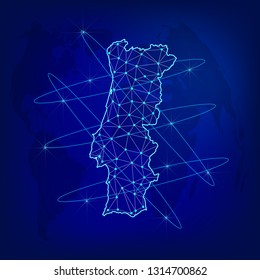Global logistics network concept. Communications network map Portugal on the world background. Map of Portugal with nodes in polygonal style. Vector illustration EPS10. 