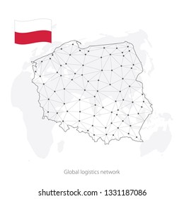 Global logistics network concept. Communications network map Poland on the world background. Map of Poland with nodes in polygonal style and flag. Vector illustration EPS10. 
