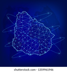 Global logistics network concept. Communications network map Uruguay on the world background. Map of Uruguay with nodes in polygonal style. Vector illustration EPS10. 